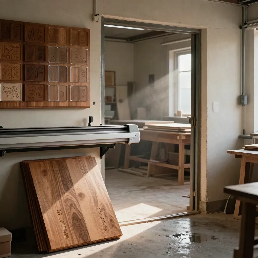Officina d’incisione con targhe in rovere, plexiglass e luce radente del mattino.