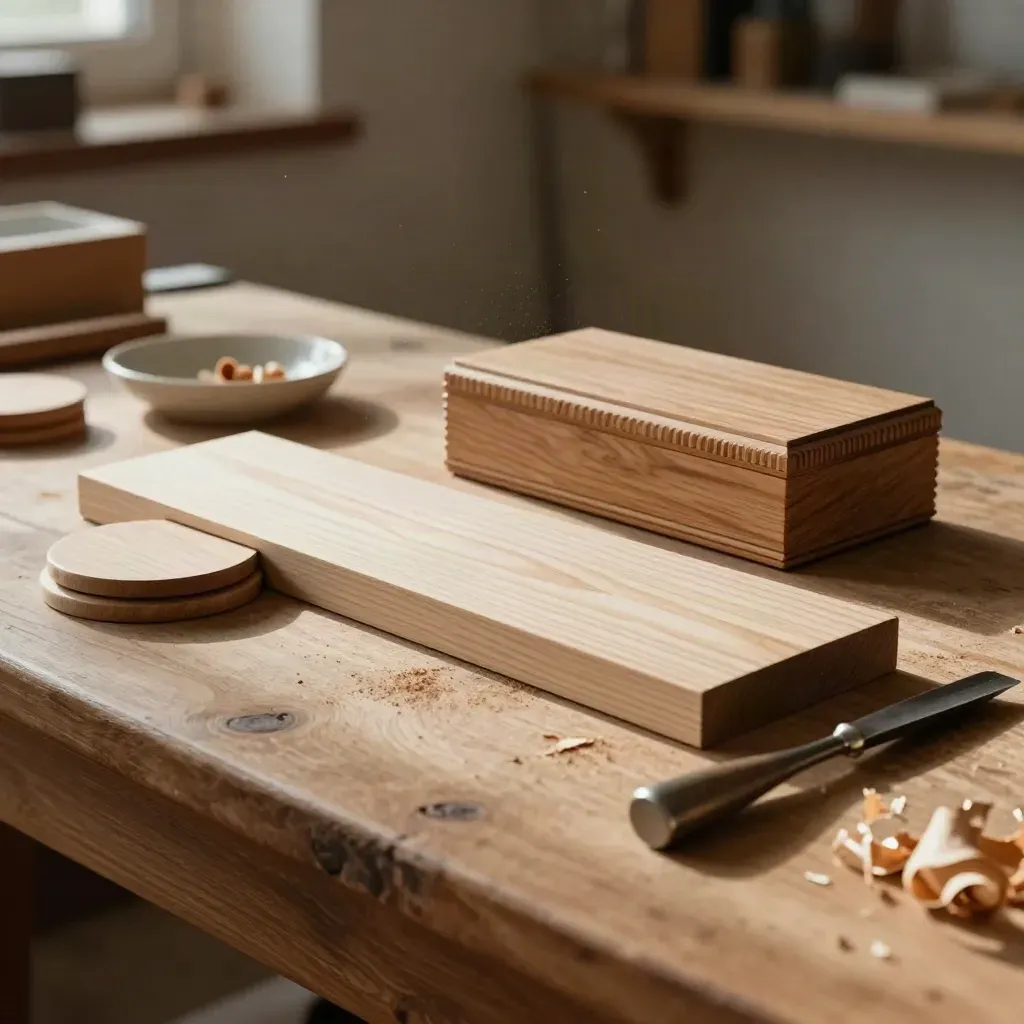 Targa in legno incisa con coasters, scatola e trucioli su banco da lavoro caldo.