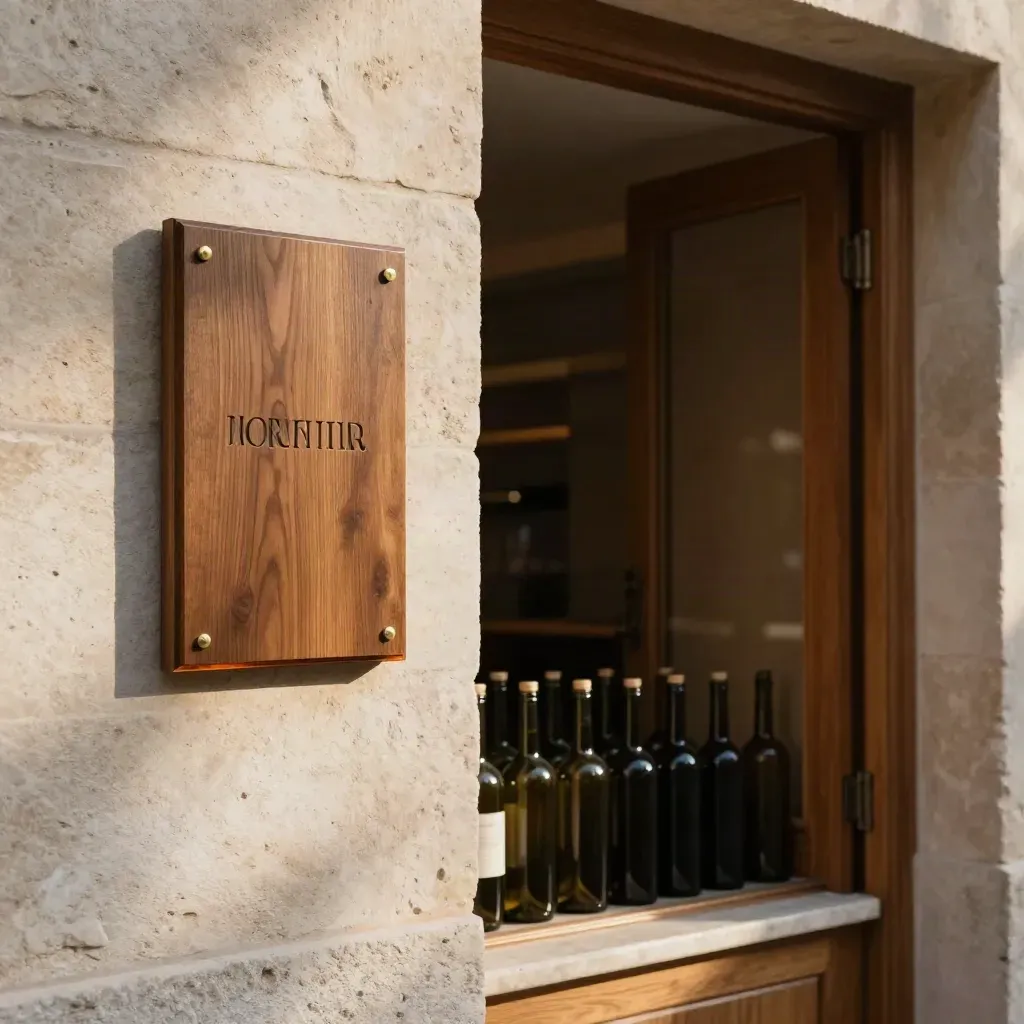 Targa in rovere su muro di pietra accanto a ingresso ordinato con bottiglie e porta in legno.