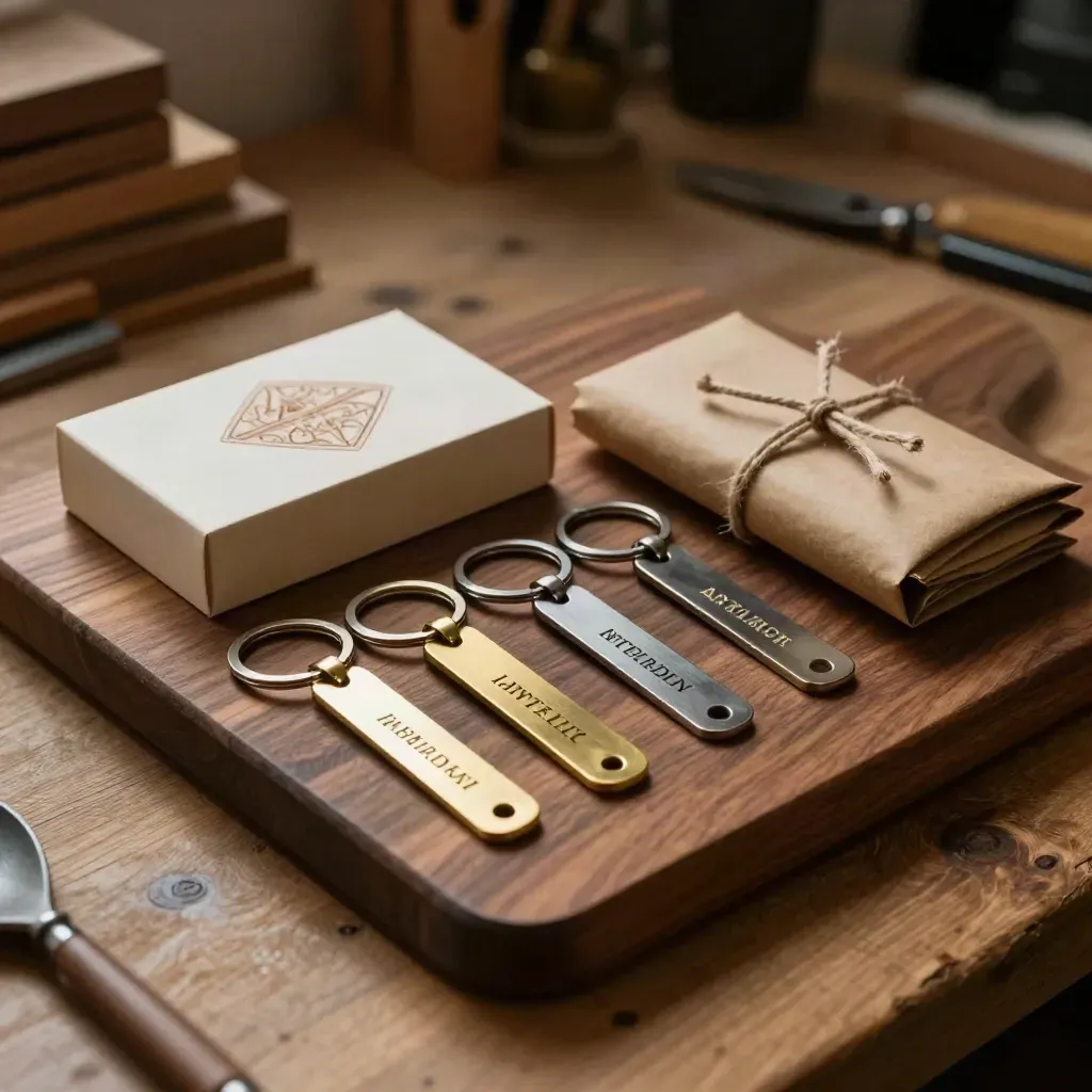 Set regalo inciso con portachiavi, tagliere in noce e confezioni kraft su banco artigianale