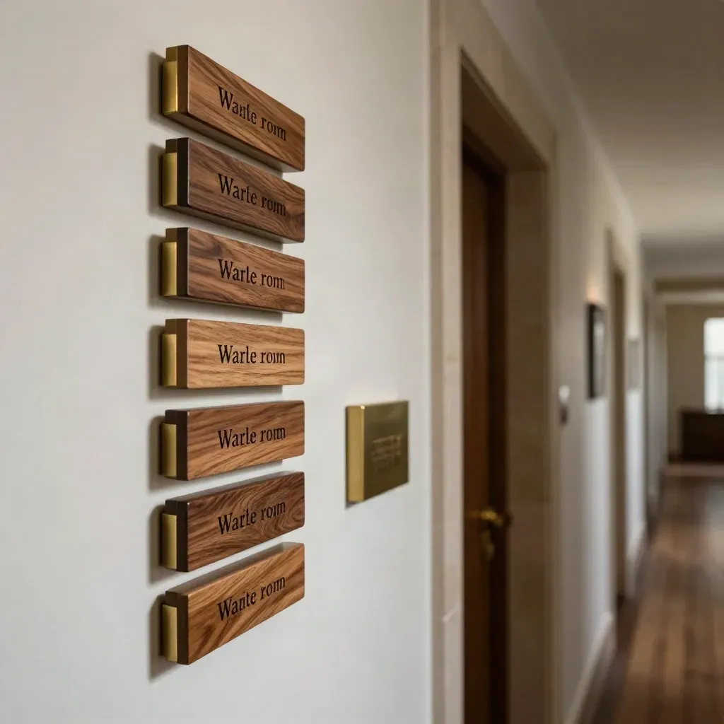 Corridoio d’hotel con segnaletica camere in noce e distanziatori in ottone.