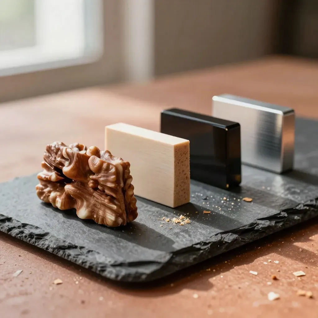 Campioni di legno noce, betulla, plexiglass fumé e alluminio su ardesia.