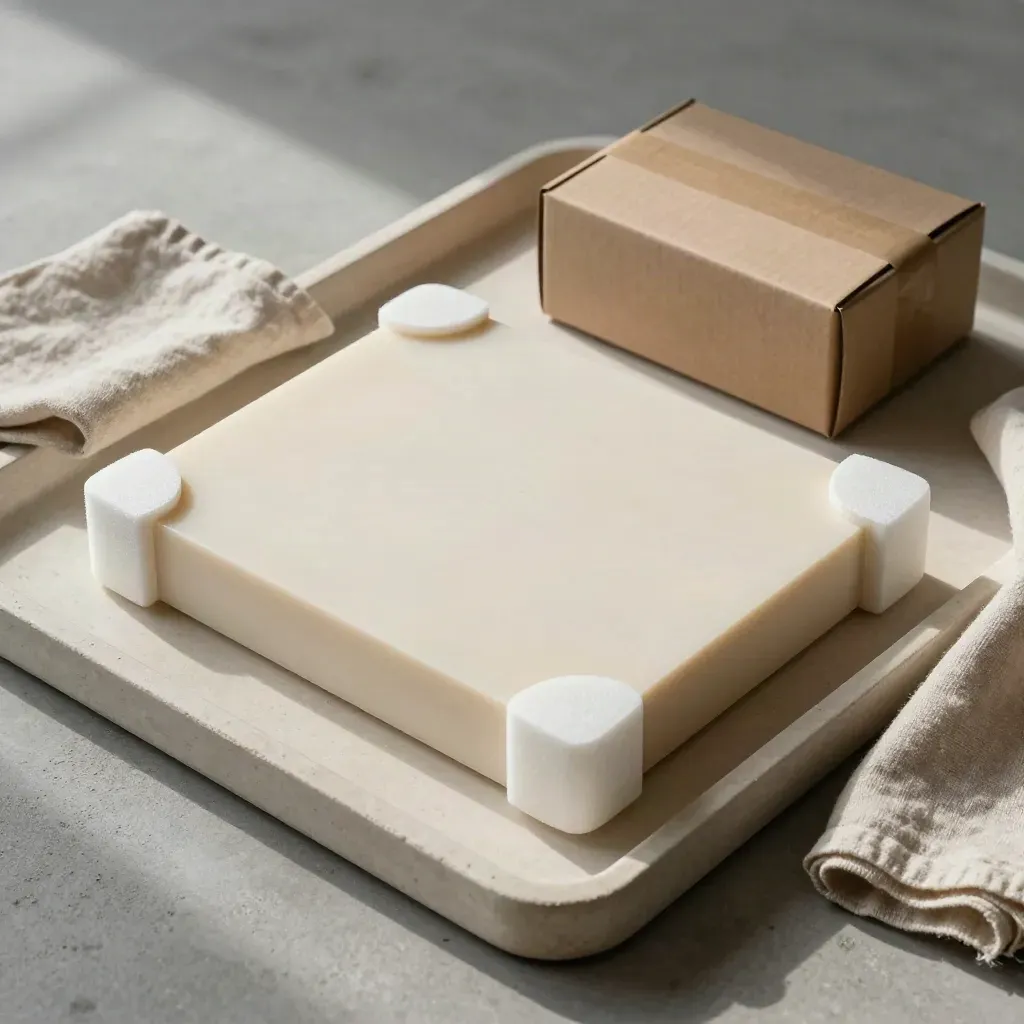 Plaque incartata con angolari in foam, nastro kraft e scatola da spedizione su vassoio di pietra.