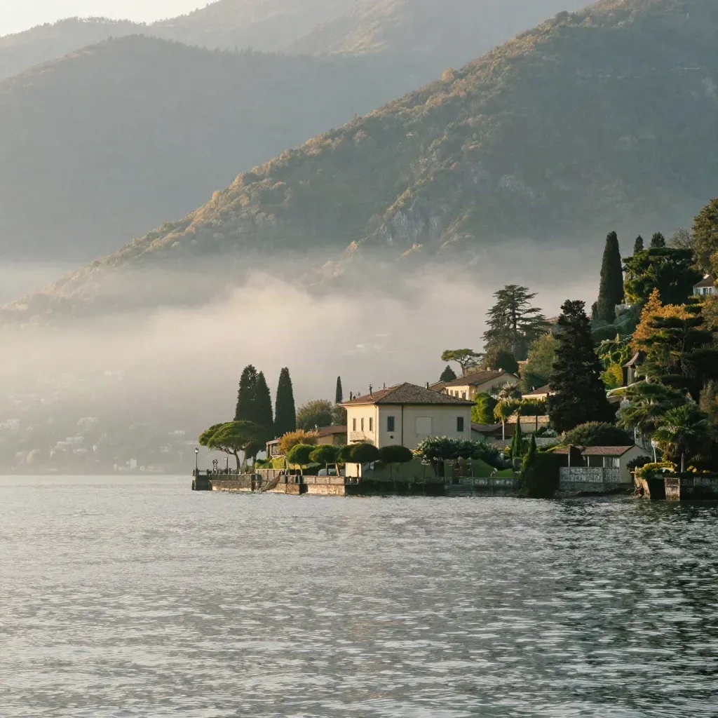 Lago di Como all’alba con ville e pendii verdi tra la nebbia
