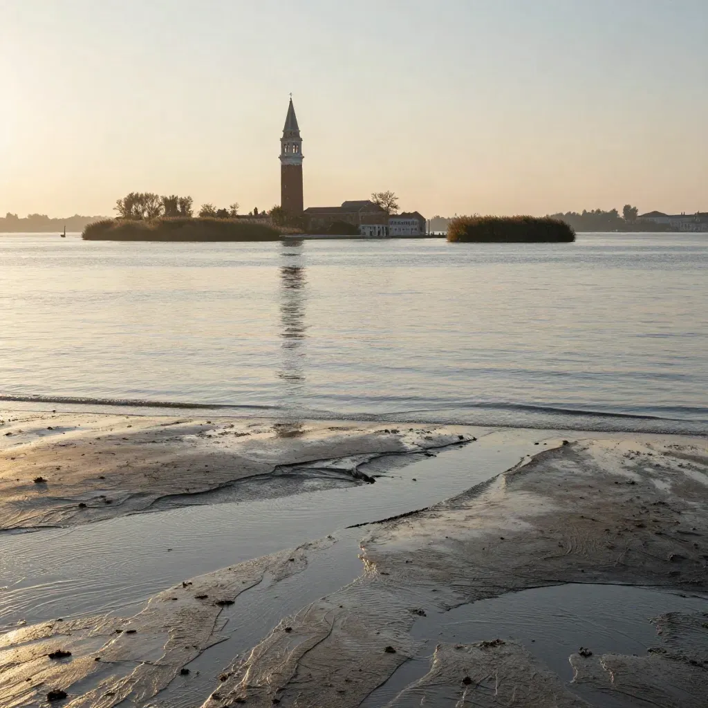 Campanile veneziano nella laguna dorata, con isole basse e acqua calma.