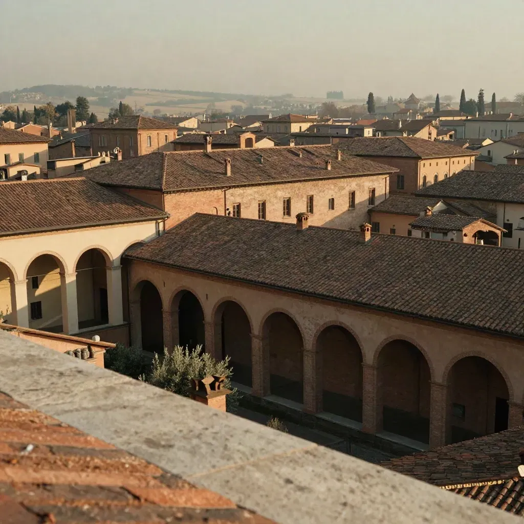 Skyline di Bologna con portici e tetti in cotto, avvolti da luce serale e foschia.
